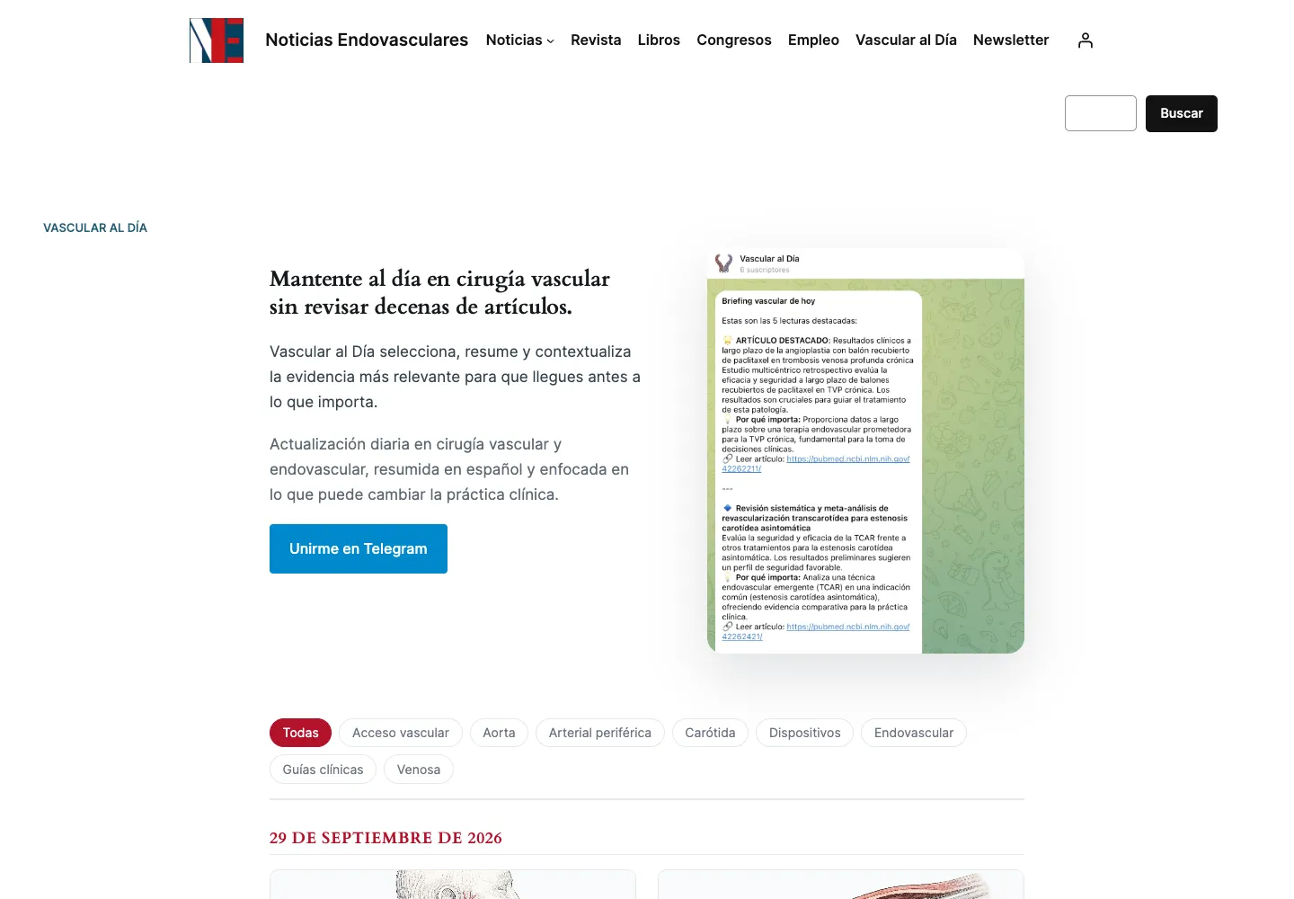 Vascular al Día: resumen diario en cirugía vascular con filtros por área y canal de Telegram