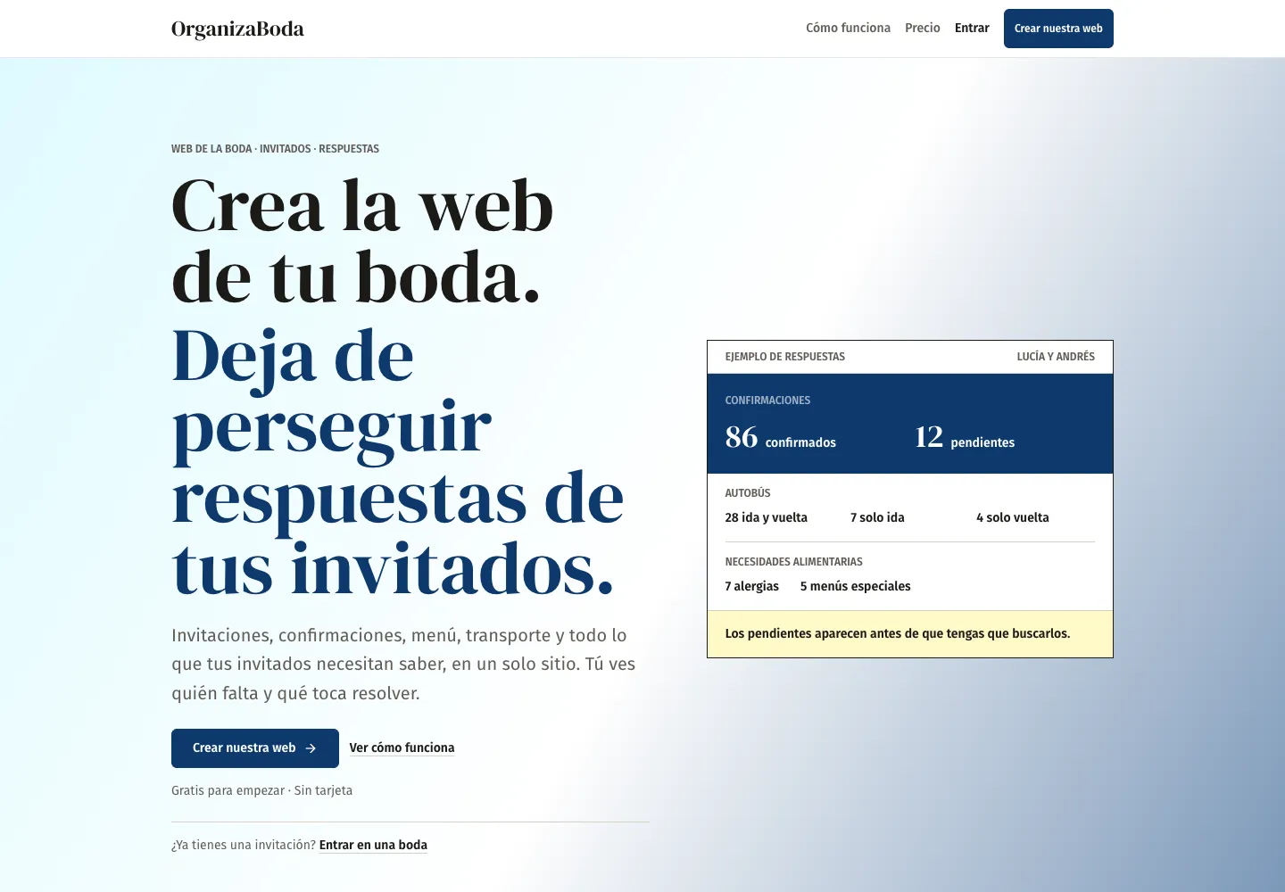 Portada de OrganizaBoda con una tarjeta de resumen: confirmados, autobús, alergias y pendientes