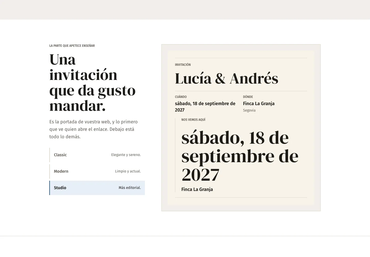 Invitación web de OrganizaBoda con selector de plantillas