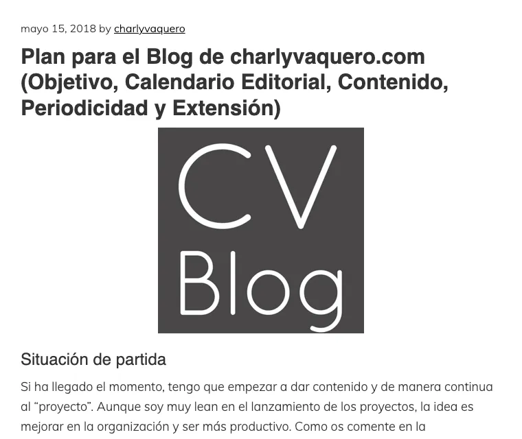 Post «Plan para el Blog de charlyvaquero.com», de mayo de 2018, con el logotipo «CV Blog» y el apartado «Situación de partida»
