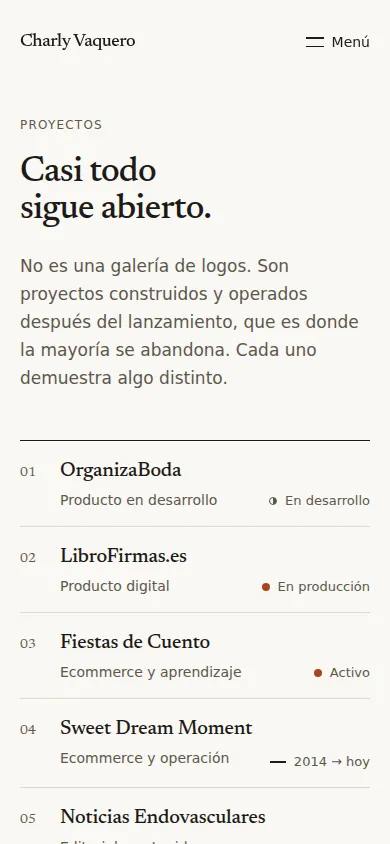 Página de proyectos de la web actual: un índice numerado con nombre, qué demuestra cada proyecto y su estado