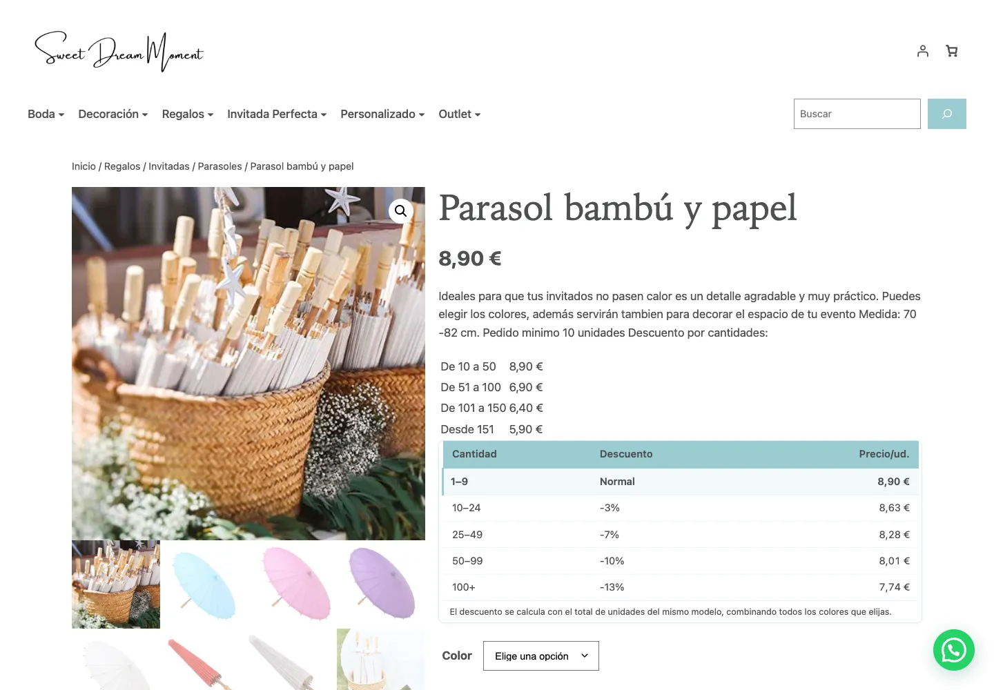 Ficha de producto de Sweet Dream Moment con precio, colores y tabla de descuentos por cantidad