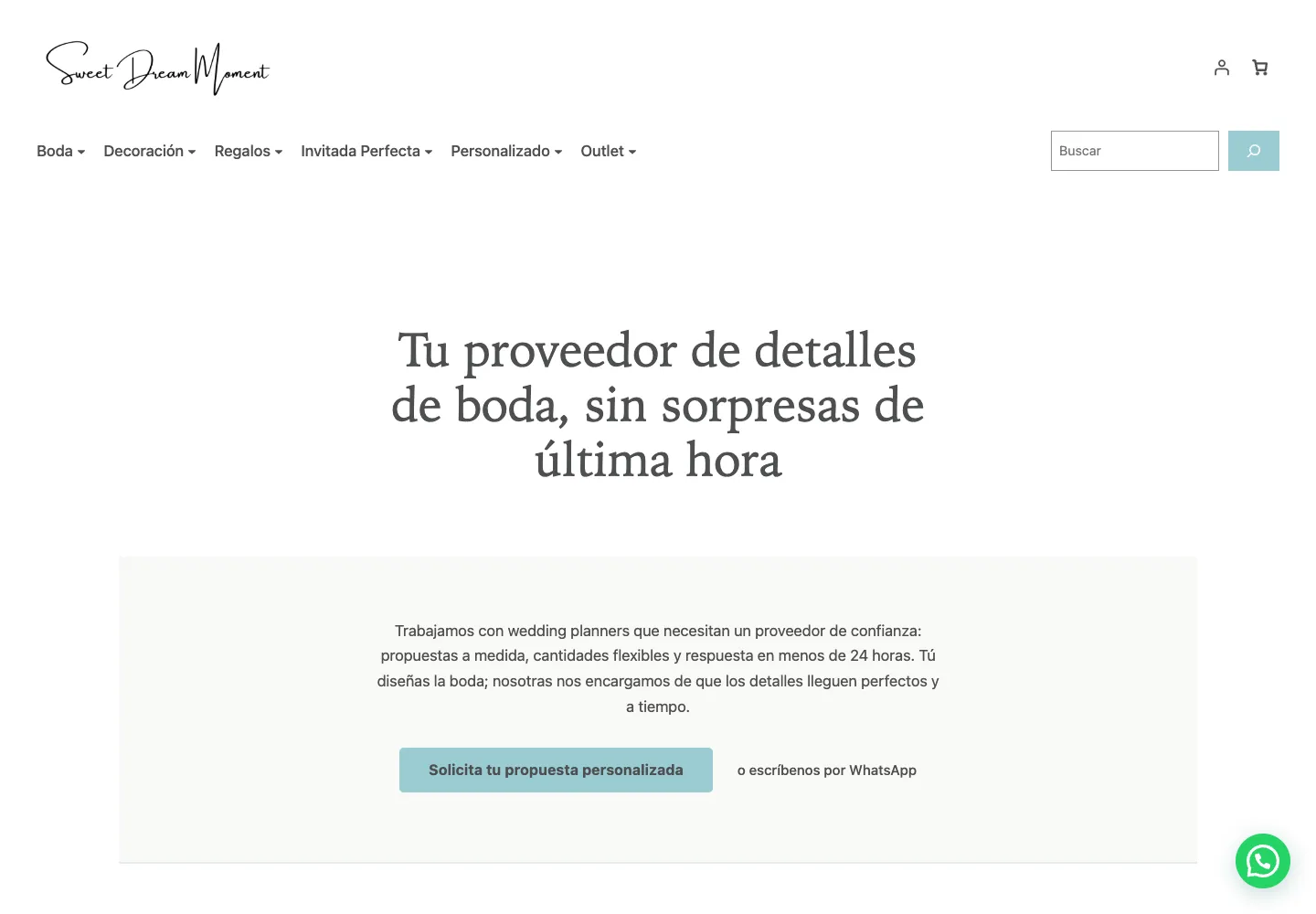 Página de Sweet Dream Moment para wedding planners: propuestas a medida y respuesta en menos de 24 horas